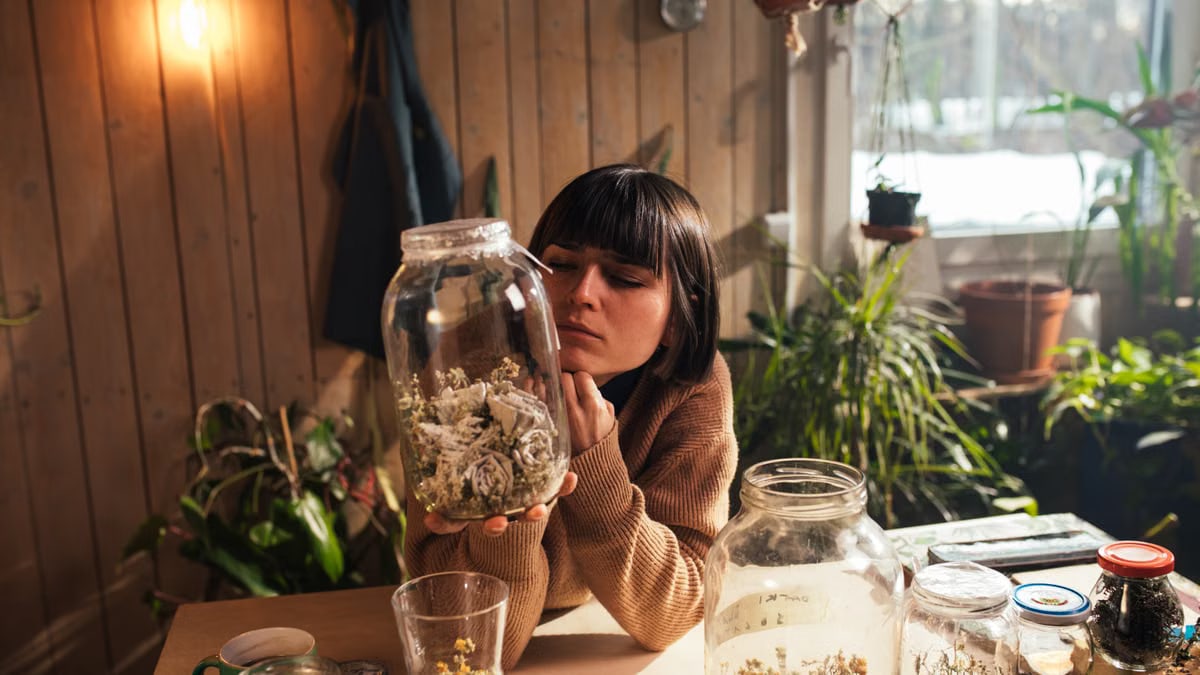 A woman indoors looking at dried flowers in a jar, surrounded by plants.