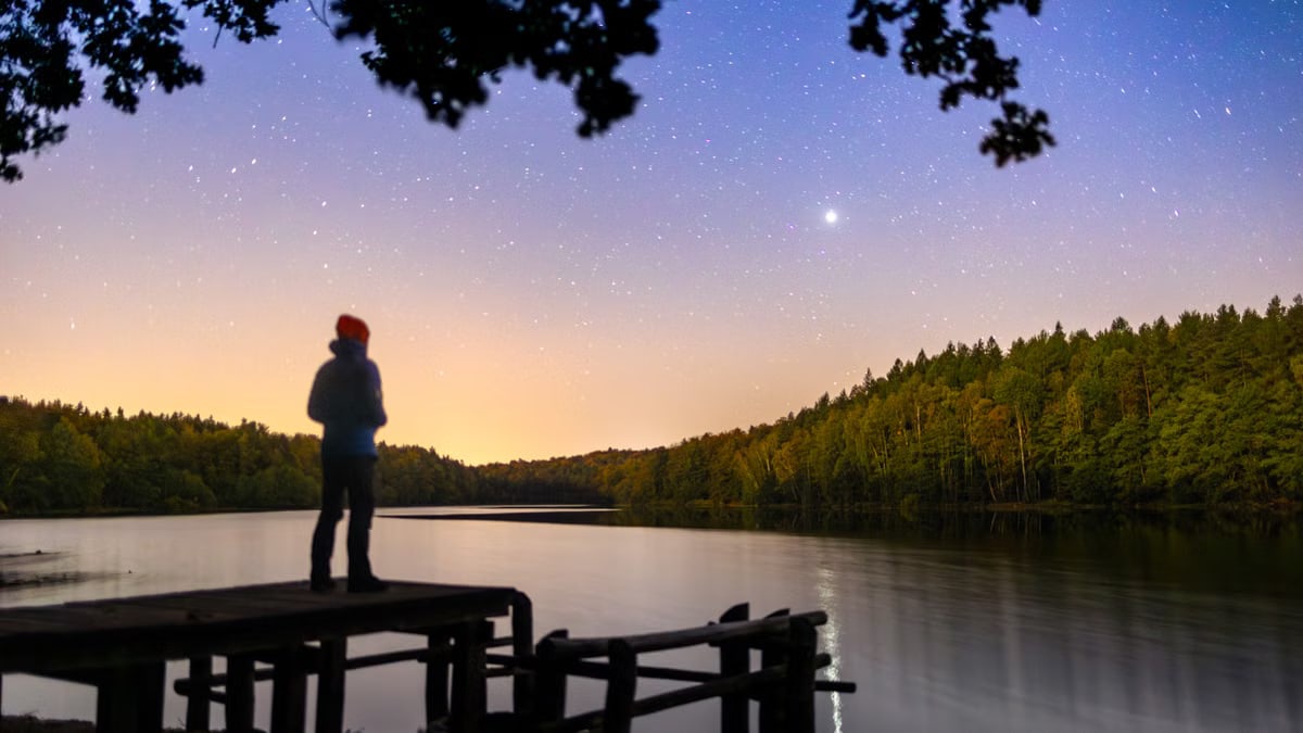 A serene night scene with stars over a lake, viewed from a dock with a silhouetted person.